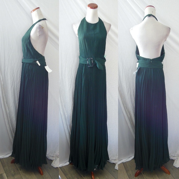 NEW Fame & Partners FOREST GREEN The Felice HALTER Pleated BELT Evening GOWN 10 - Picture 2 of 16